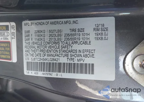 2019 Acura Rdx Technology Package z USA, uszkodzony, nr VIN 5J8TC2H54KL028421